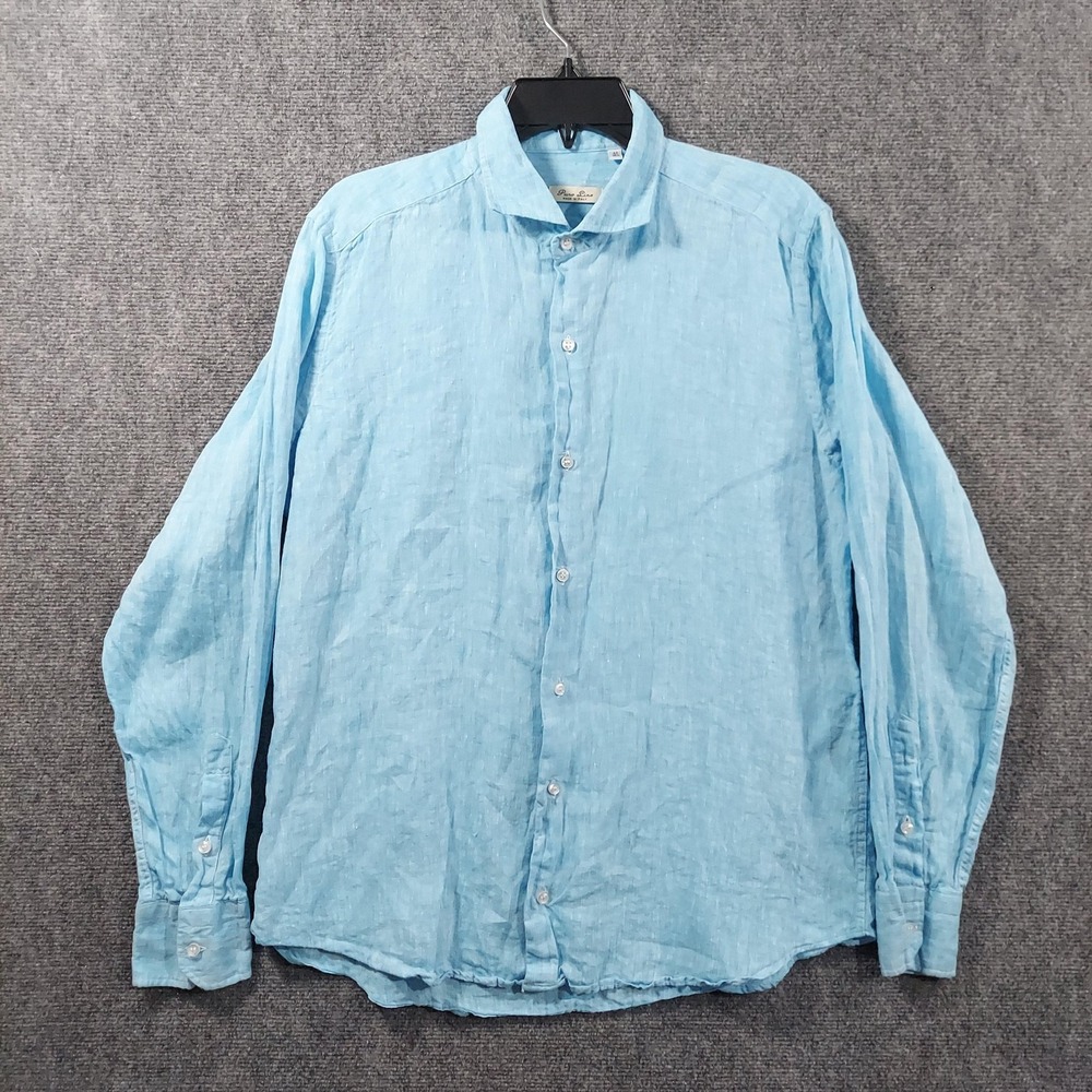 Puro Lino Shirt Mens EU 42 16.5 Blue Linen Long Sleeve Button Up Made In Italy